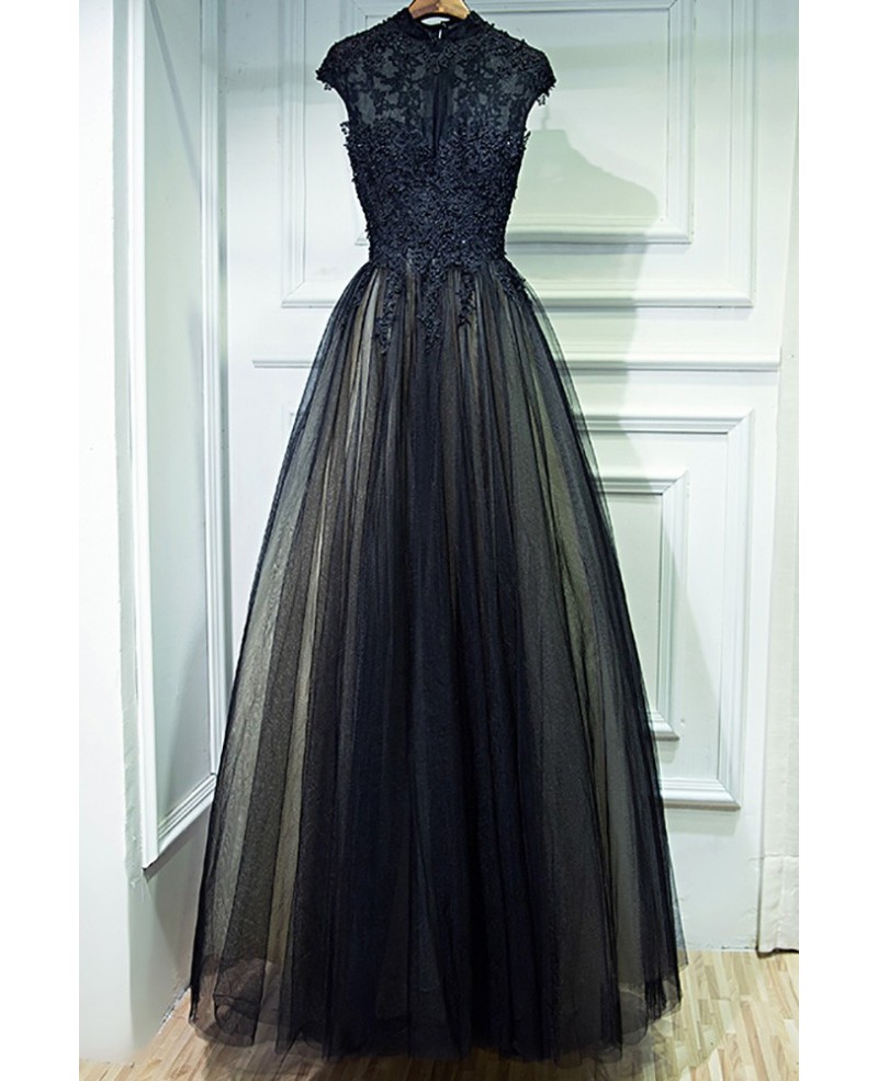 Vintage Chic Long Black Lace Formal Prom Dress With Cap Sleeves - Click Image to Close