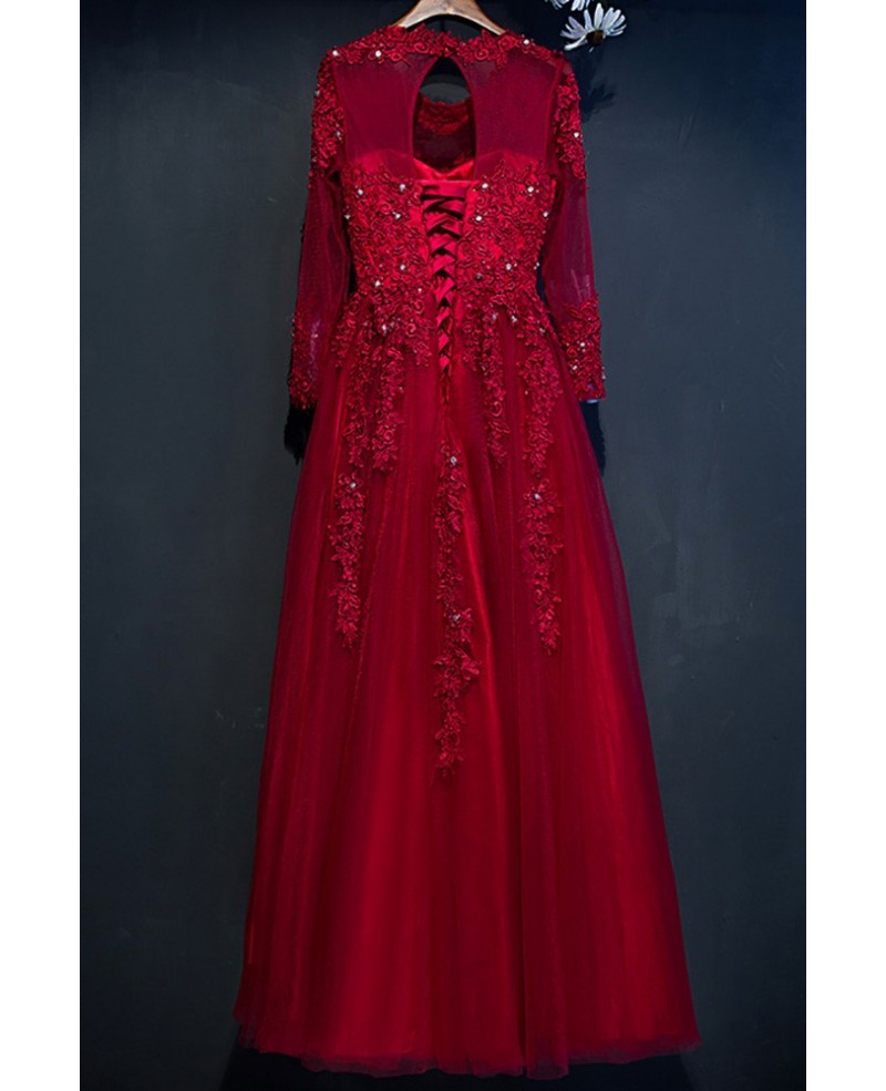 Modest Burgundy Long Sleeve Formal Party Dress With Lace For Weddings - Click Image to Close
