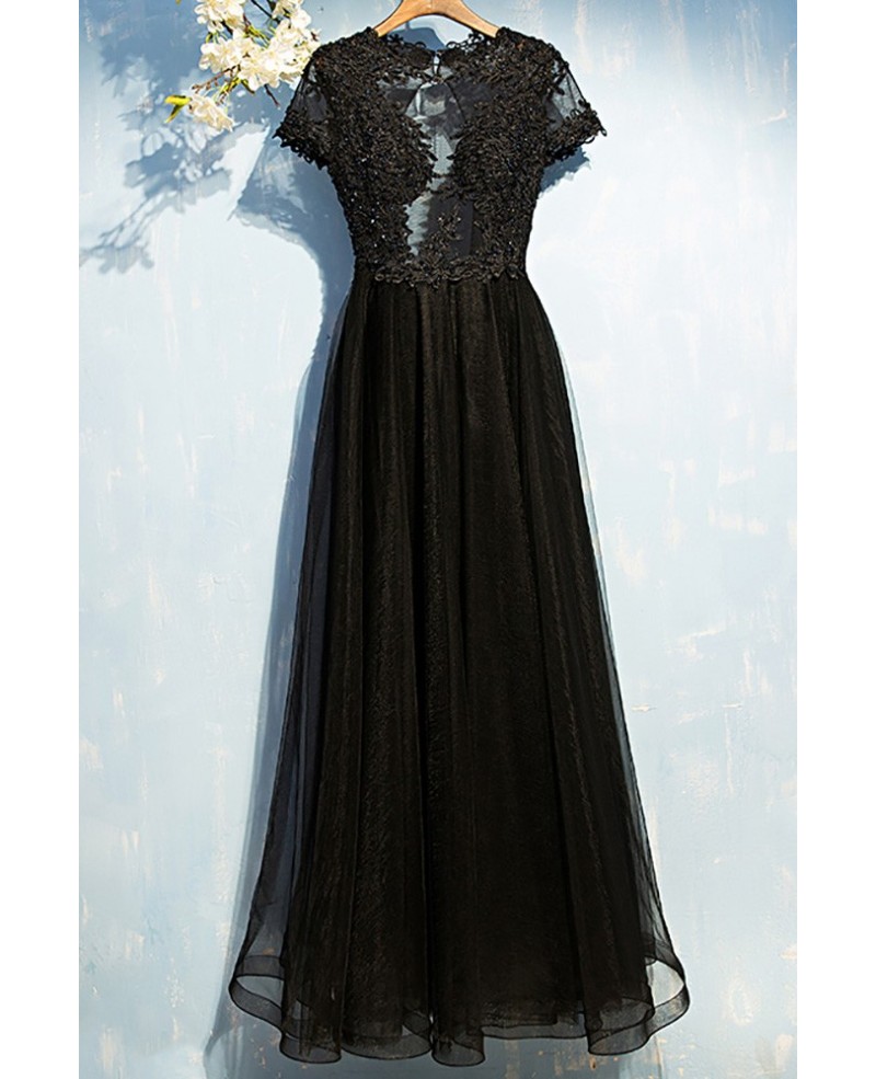 Sexy Long Black Lace Prom Dress With Sleeves Open Back