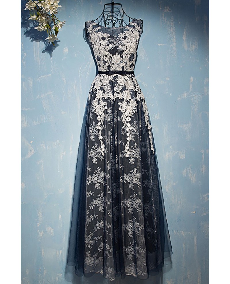 Different White With Navy Blue Lace Prom Dress Sleeveless - Click Image to Close