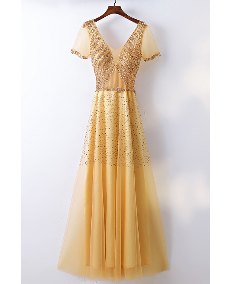 Bling Blig Sparkly Gold Formal Prom Dress With Sleeves - Click Image to Close