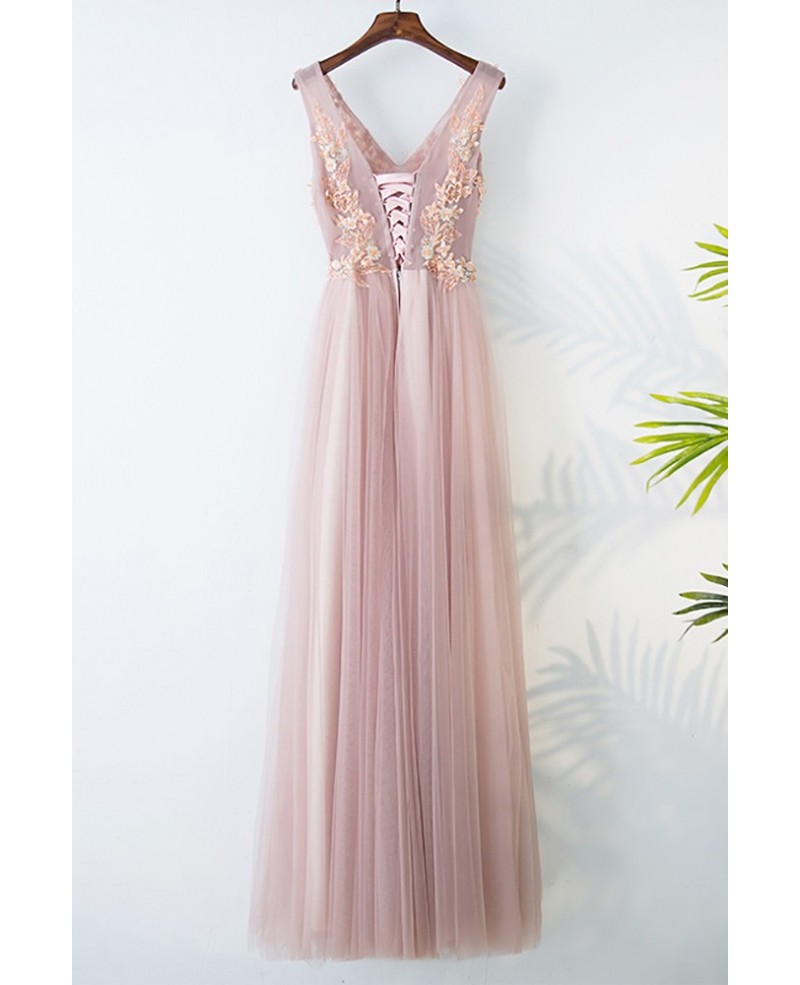 Gorgeous Pink Tulle Long Prom Dress Lace Sleeveless