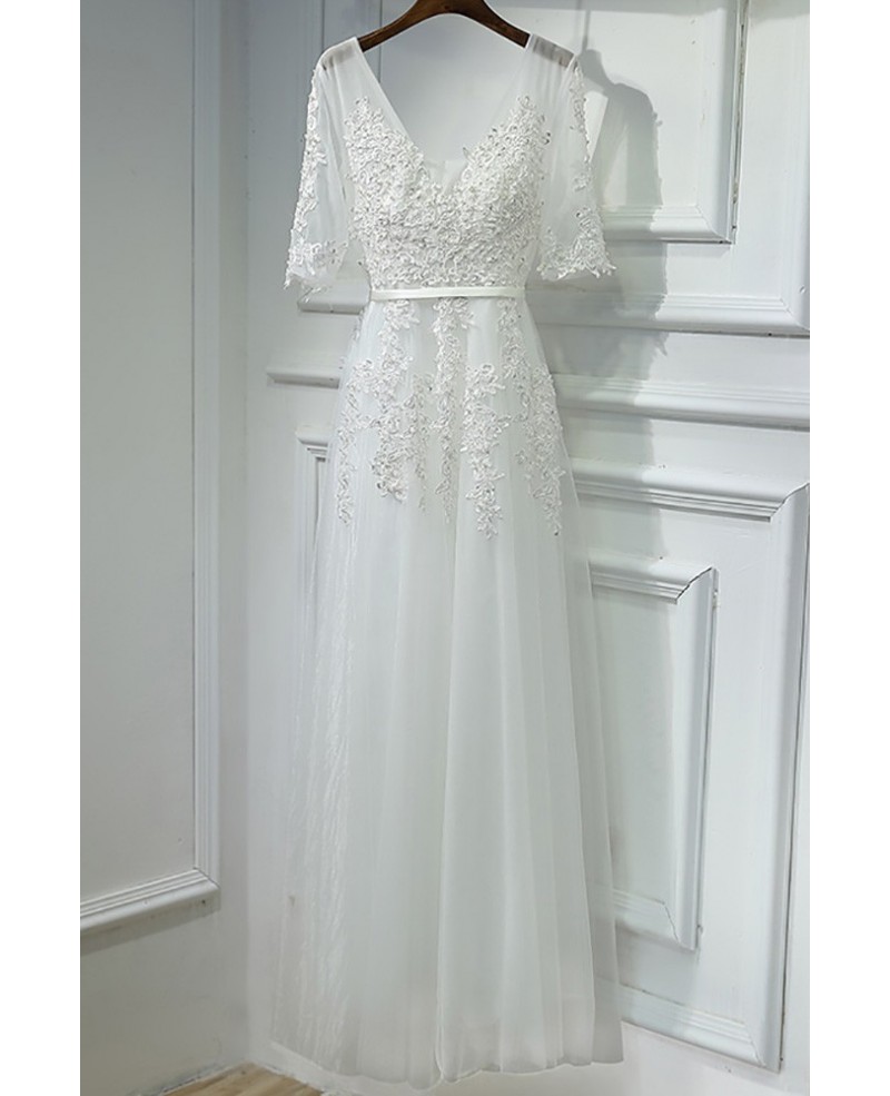 Elegant Long White Lace Prom Formal Dress V-neck With Sleeves - Click Image to Close