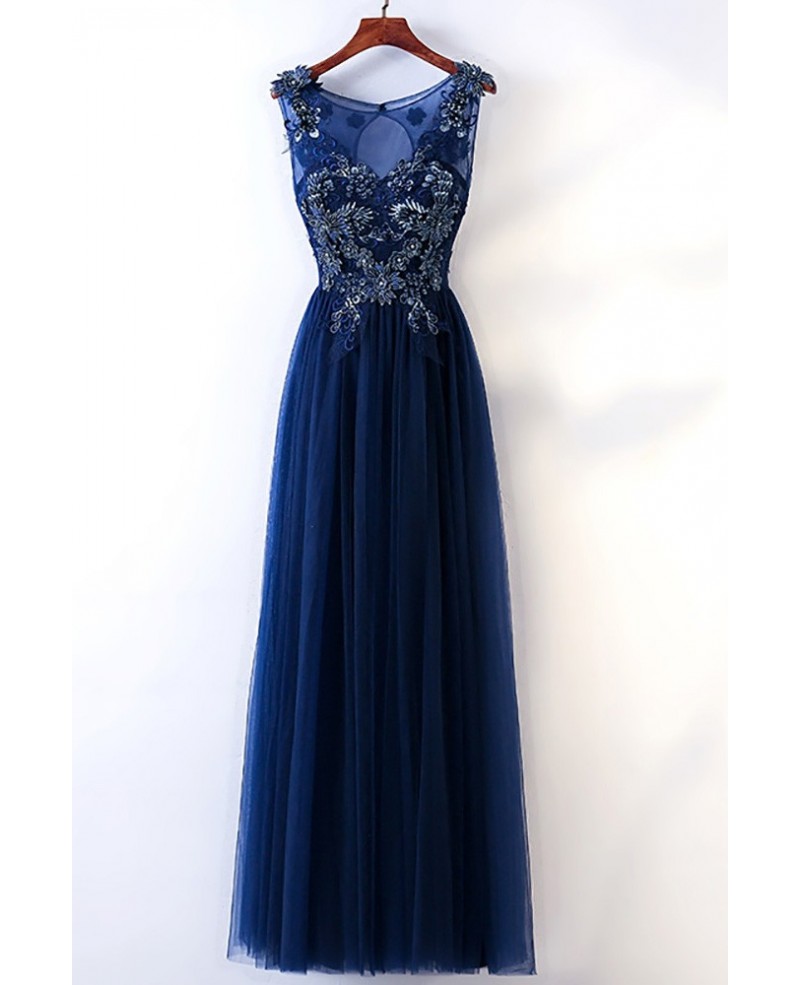 Long Navy Blue Tulle Prom Dress With Embroidery Sleeveless - Click Image to Close