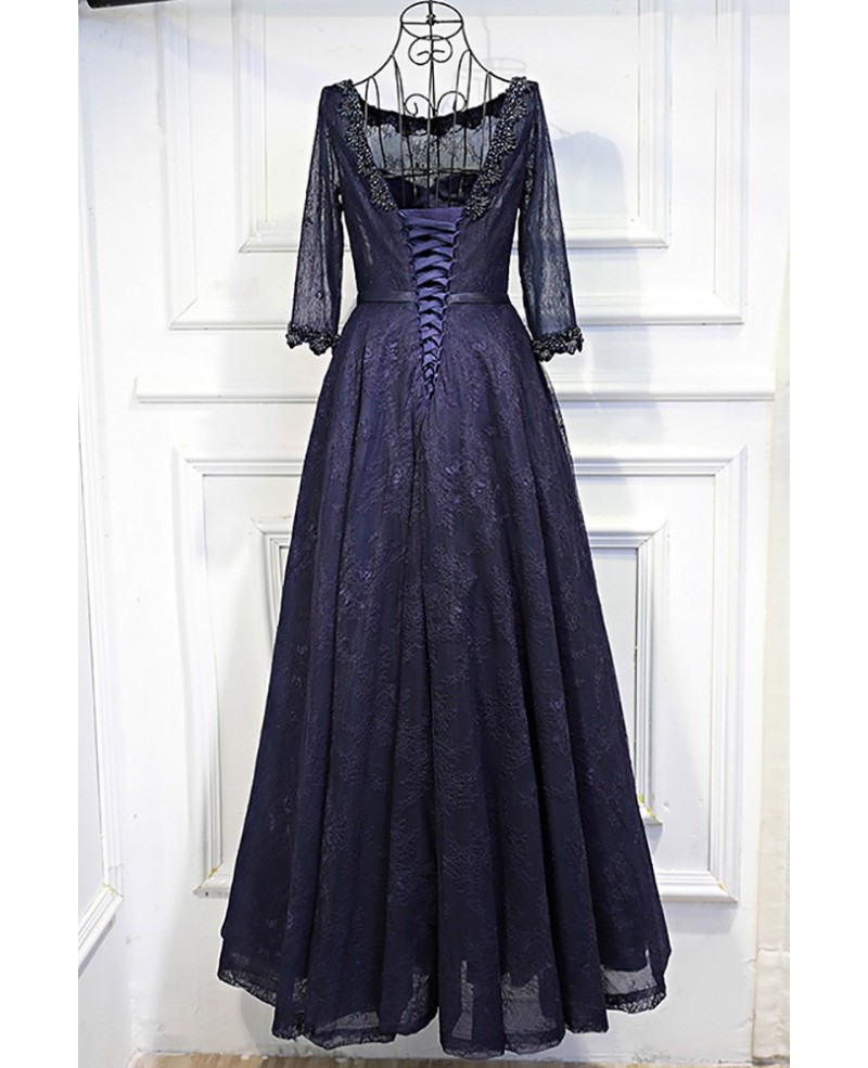 Vintage 3/4 Sleeve Navy Blue Long Prom Dress Lace With Corset Back