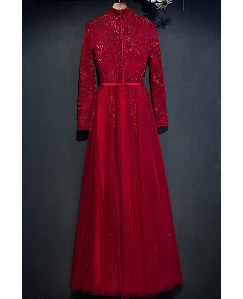 Unique Burgundy Long Lace Sleeve Prom Dress High Neck With Buttons