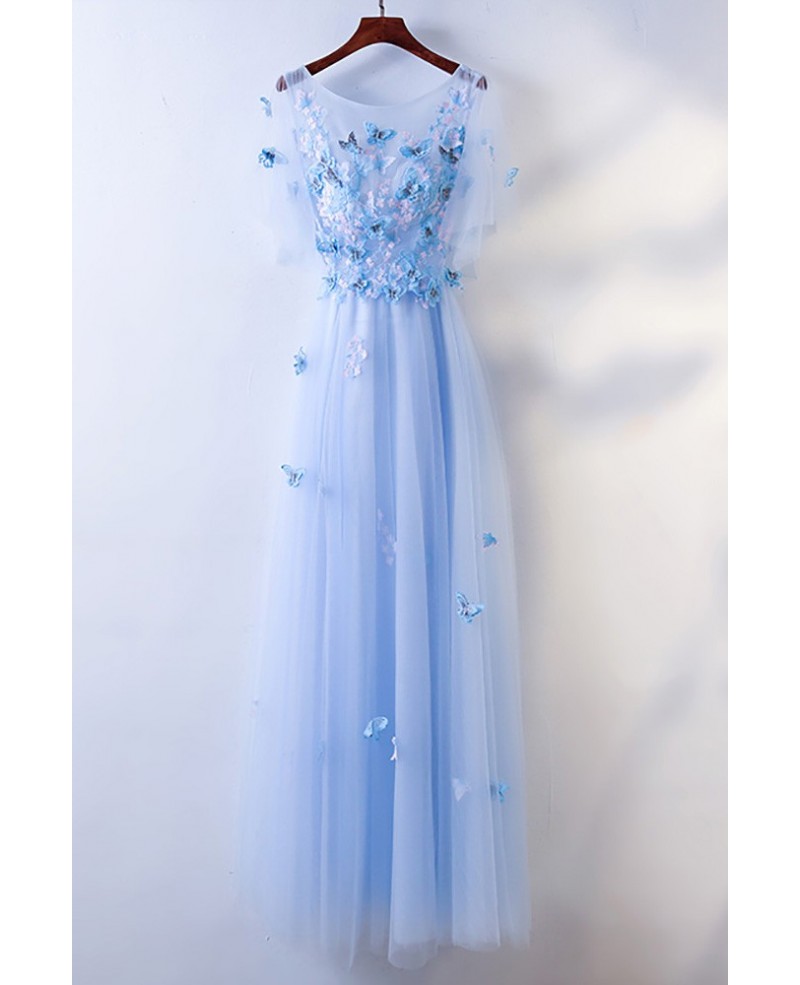 Cute Blue Flowy Long Cheap Prom Dress With Butterflies