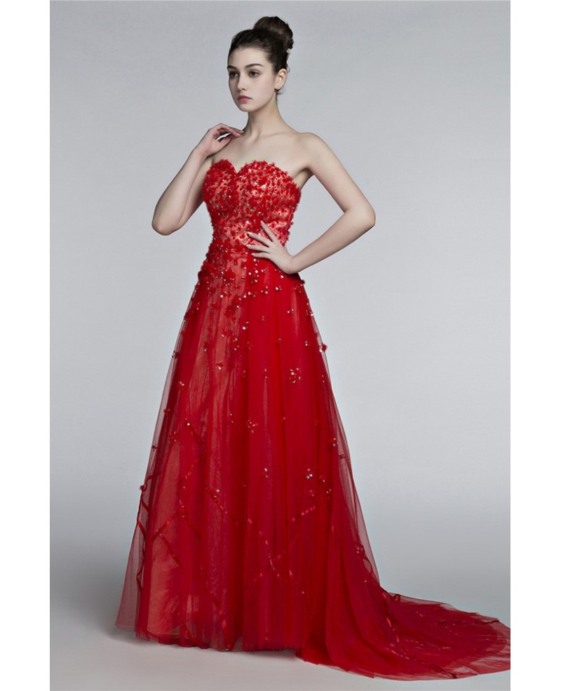 Unique Floral Long Red Prom Dress Trained With Sweetheart Neckline - Click Image to Close