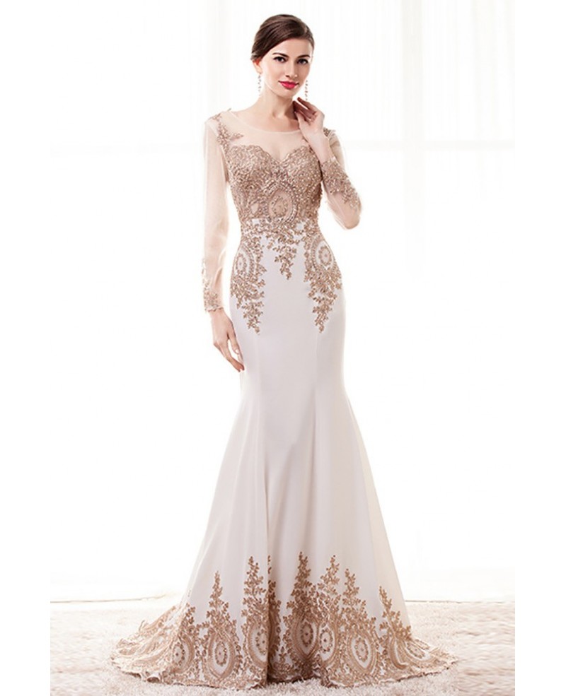 Special Long Sleeved Formal Evening Dress With Gold Applique Lace