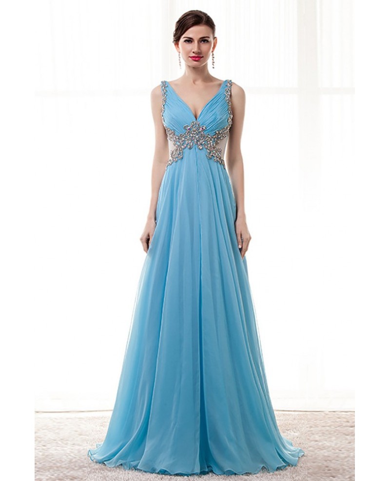 Flowy Long Sky Blue Prom Dress Beaded With Straps Sheer Back