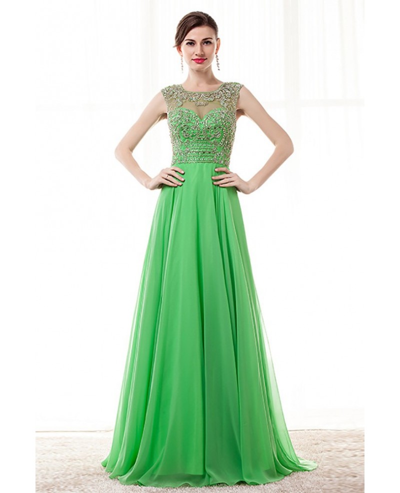 2018 Lime Green Long Beading Prom Dress With Key Hole Back