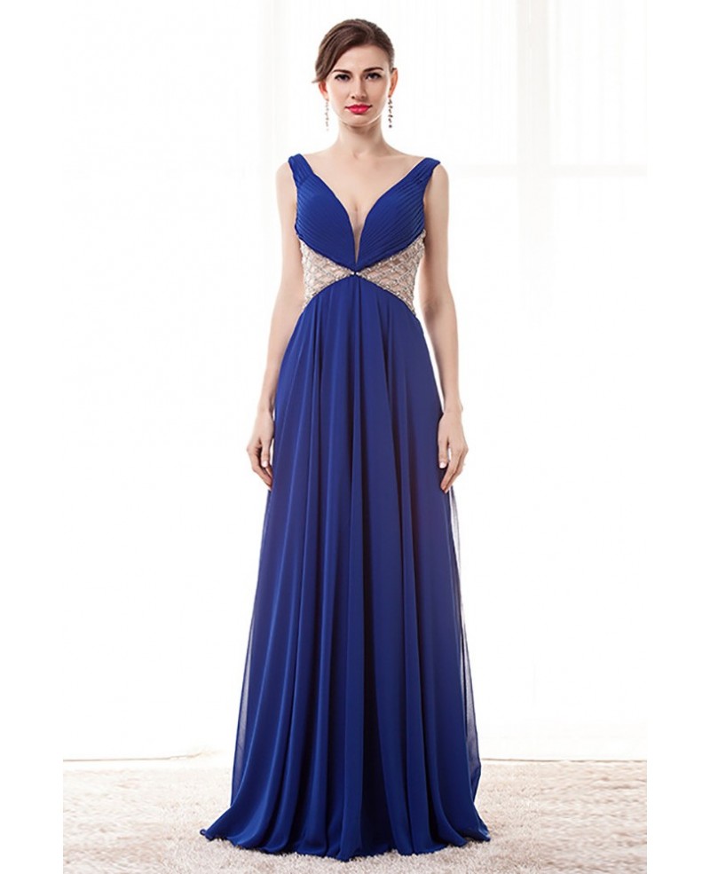 Open Back V-neck Blue Prom Dress Long With Beading Waist Straps - Click Image to Close