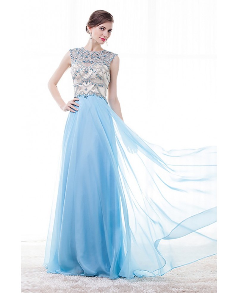 Vintage Sleeveless Prom Dress Sky Blue With Rhinestone Bodice