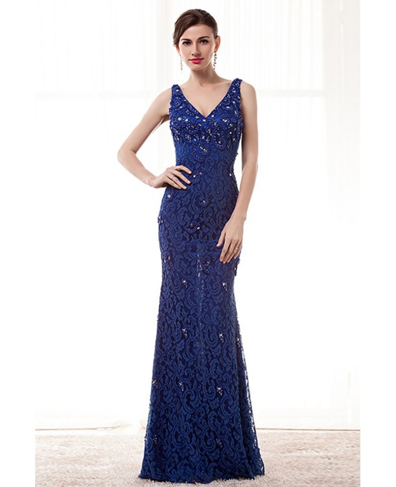 Petite Fitted Dark Blue Lace Formal Dress With Crystal Beading