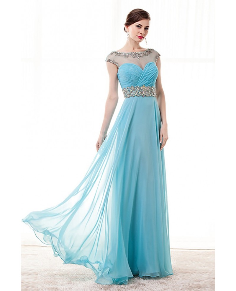 Sky Blue A Line Beaded Prom Dress Long With Open Back 2018 - Click Image to Close