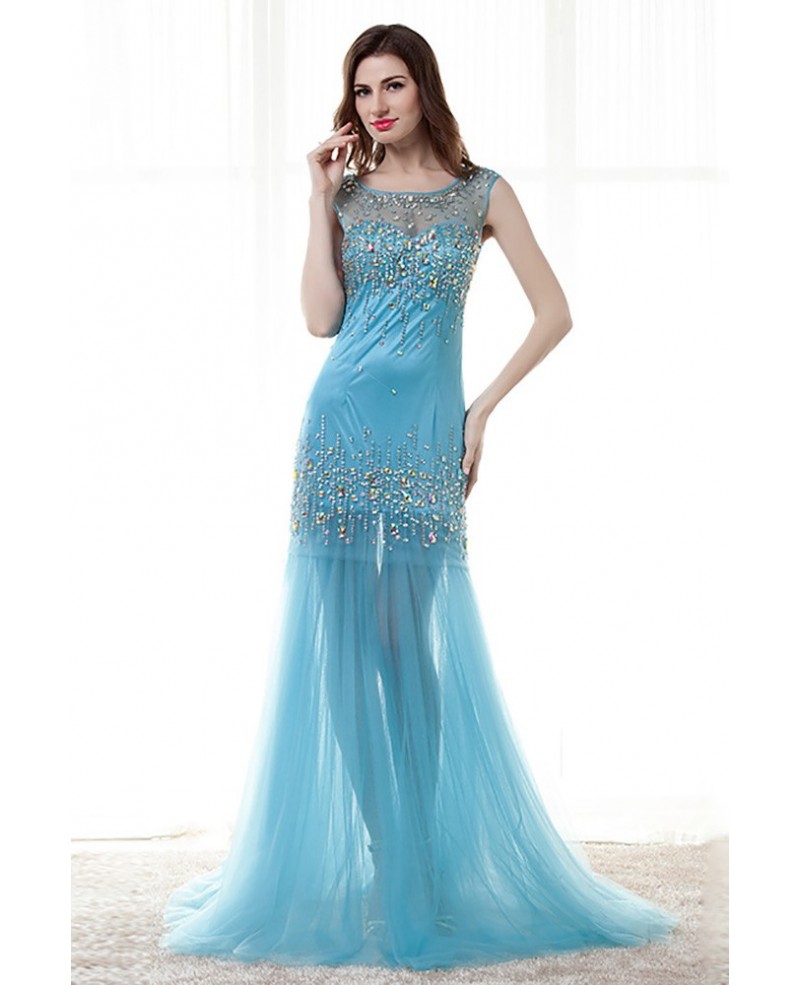 Sexy Tight Trumpet Sheer Prom Dress With Sparkly Crystals - Click Image to Close
