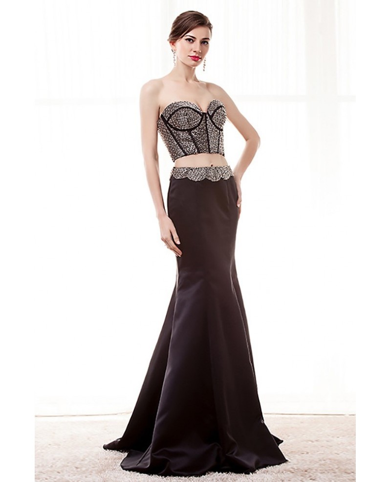 Unique Crop Top Sexy Black Prom Dress Two Piece With Sequin Bodice