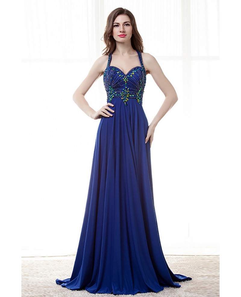 Unique Long Halter Royal Blue Prom Dress With Beaded Bodice