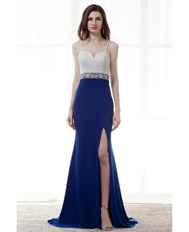 Different Straps Slit Blue Prom Dress With White Beading Bodice