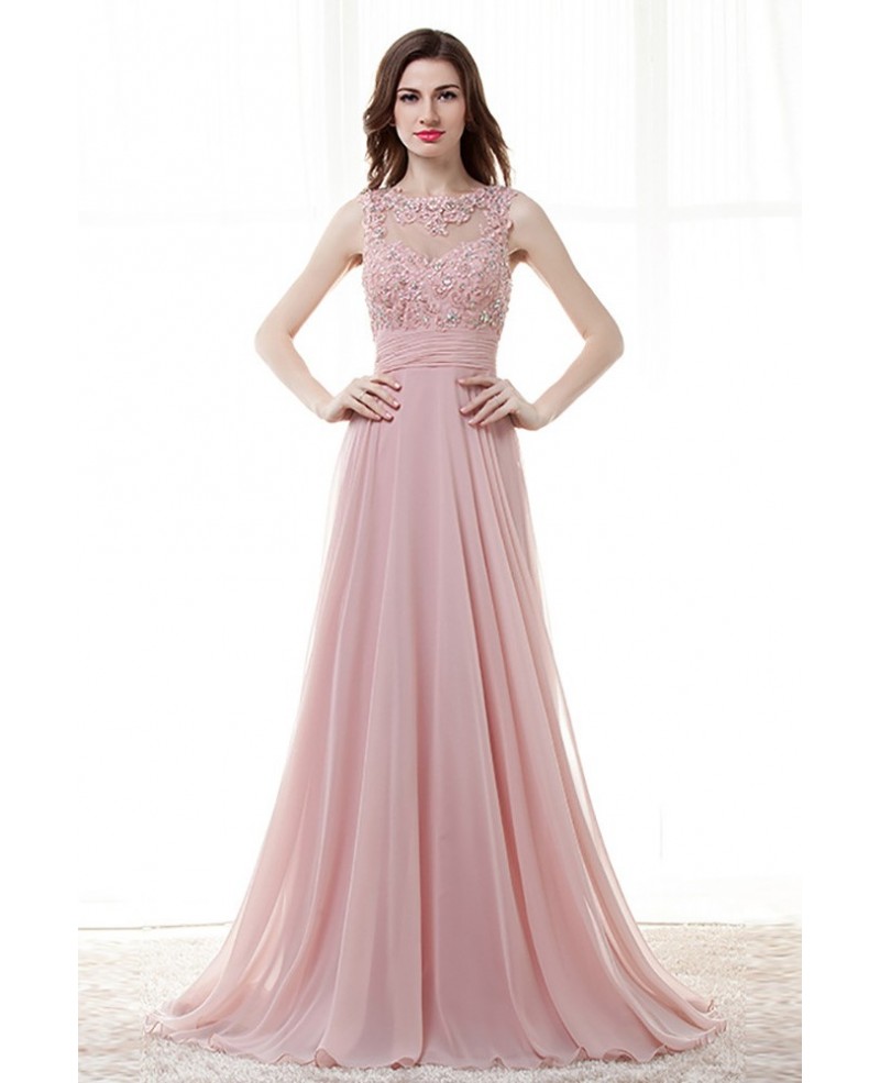 Light Pink A Line Long Prom Dress With Lace Beading Top