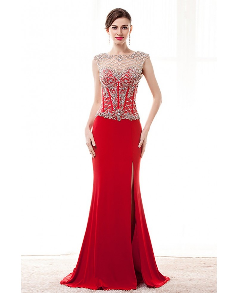 Slit Front Red Formal Dress Sleeveless With Sparkly Beading Top