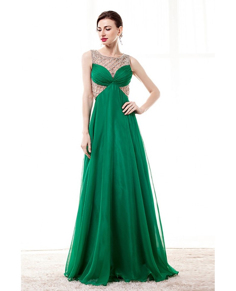 Unique Green Long Chiffon Prom Dress With Beading Grids Bodice