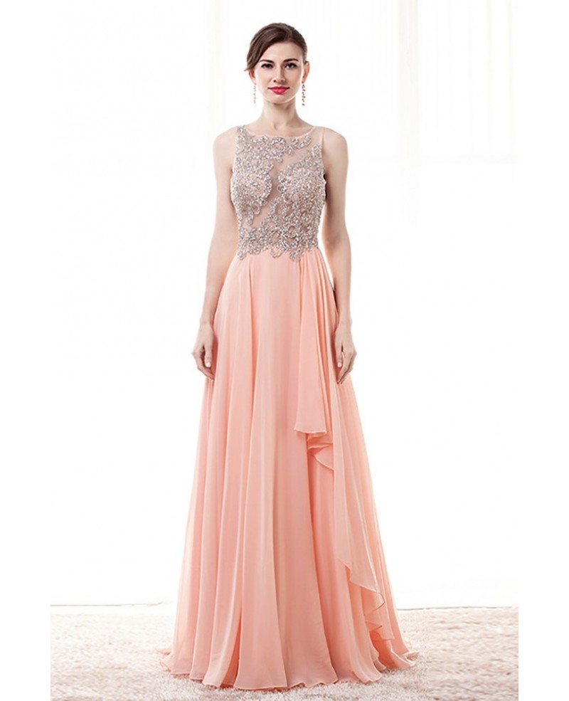 Gorgeous Pink A Line Prom Dress With Sheer Beading Top - Click Image to Close