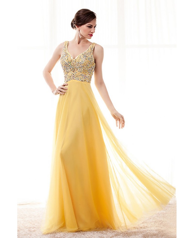 Princess Yellow A Line Prom Dress With Sparkly Beading V Neck - Click Image to Close