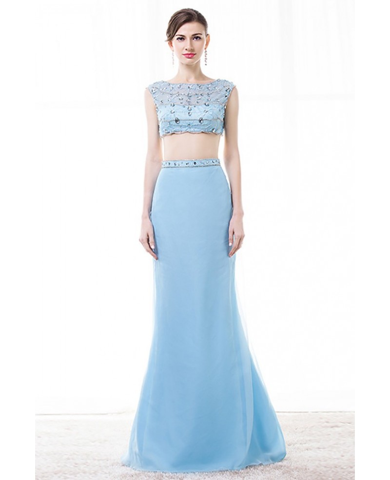 Crop Top Two Piece Prom Dress Sky Blue With Beading For Women - Click Image to Close