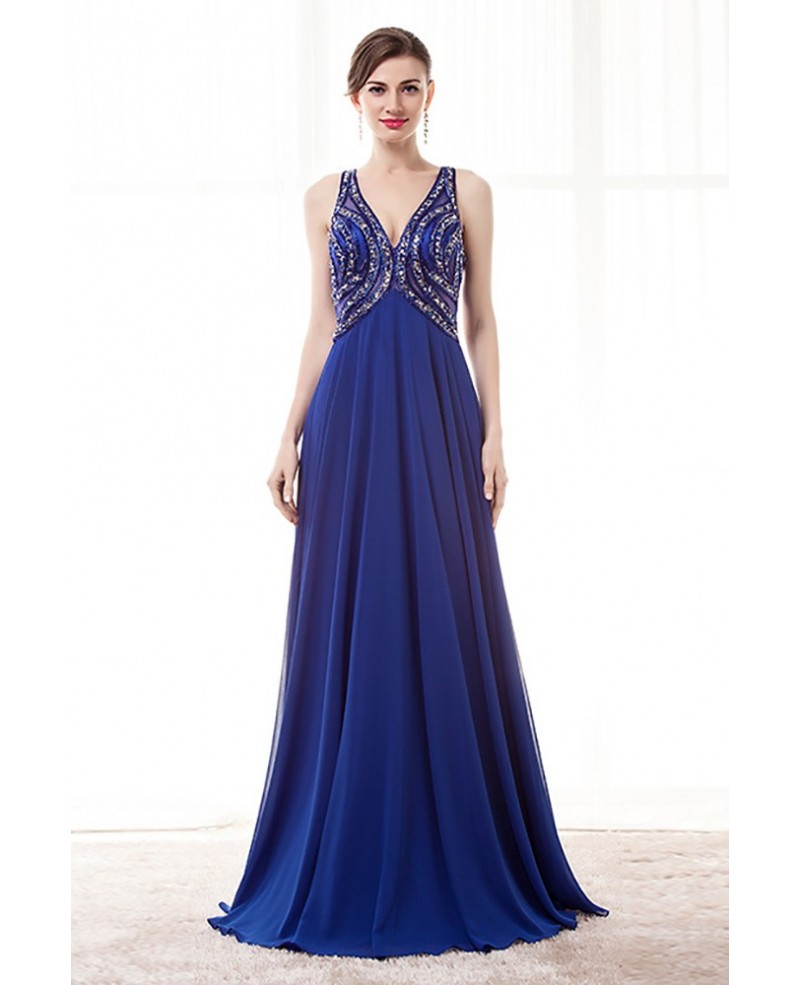 A Line Royal Blue Formal Dress With Unique Beading Open Back