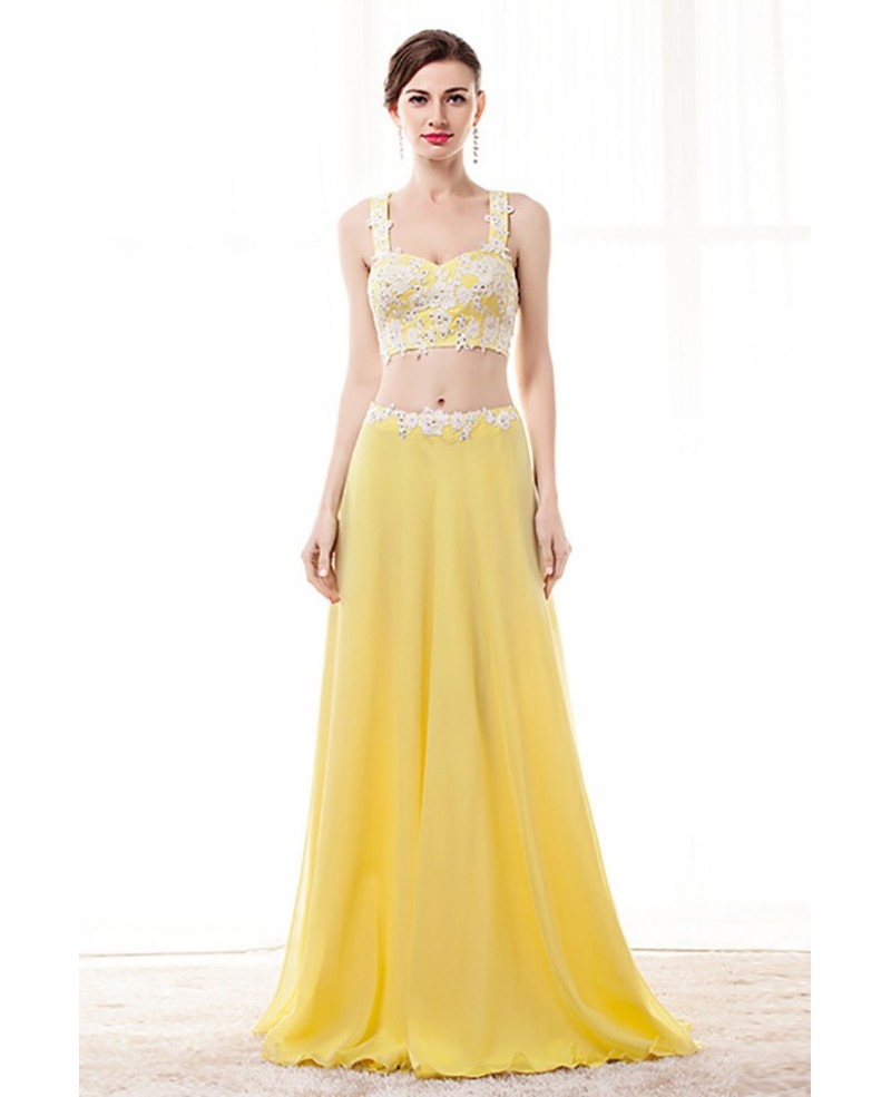 2 Piece Yellow Semi Formal Dress Crop Top With Lace Beading