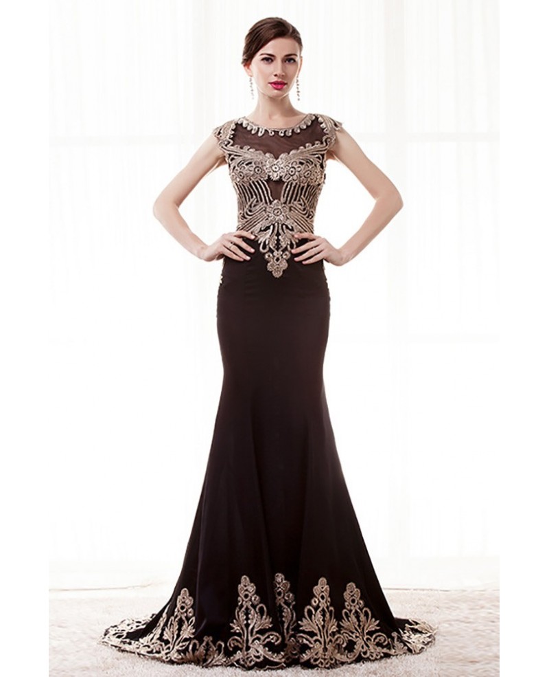 Vintage Mermaid Fitted Formal Dress With Applique Lace - Click Image to Close