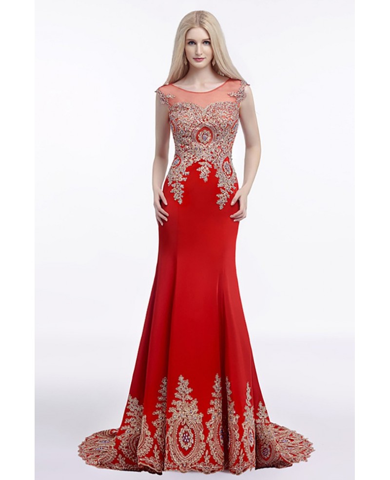 2018 Fit And Flare Red Prom Dress Long With Applique Lace - Click Image to Close