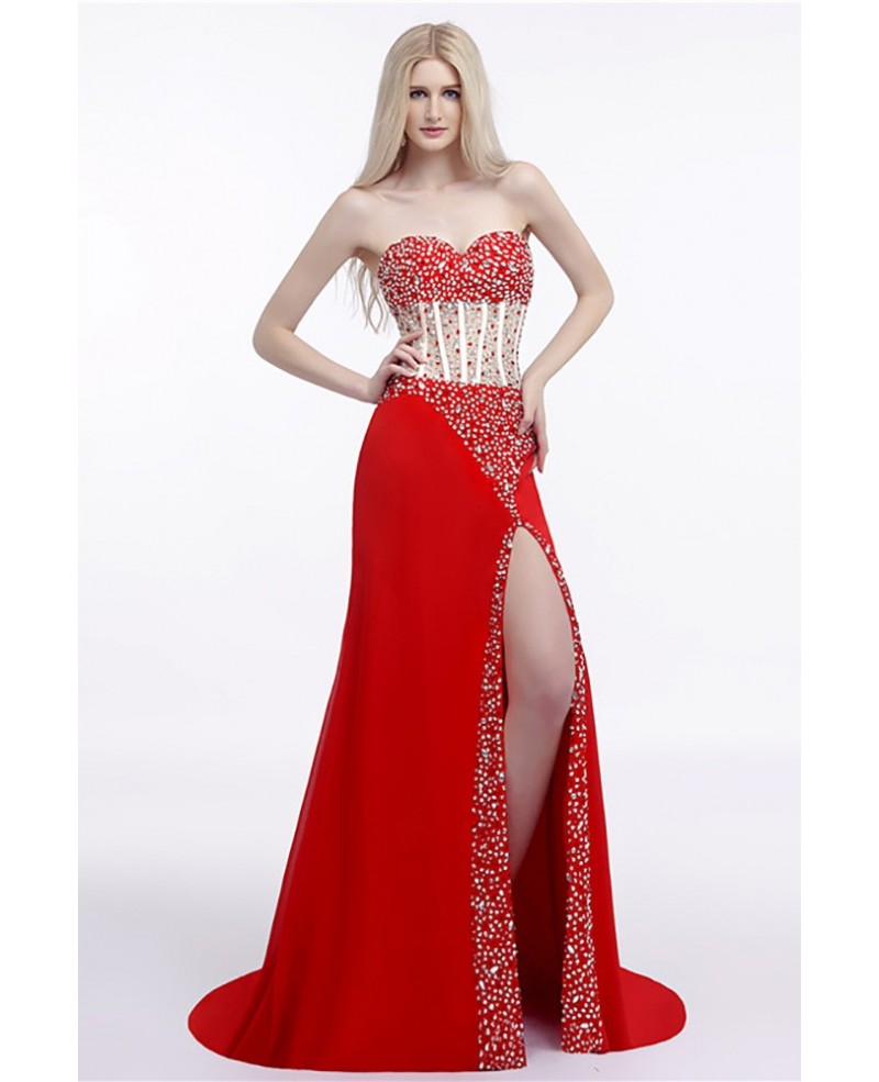 Sparkly Sequined Slit Prom Dress Strapless Red For Women - Click Image to Close