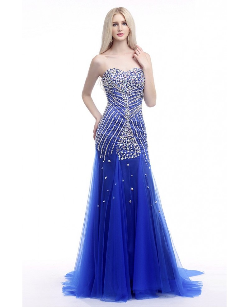 Elegant Fit And Flare Formal Dress Royal Blue With Shiny Crystals