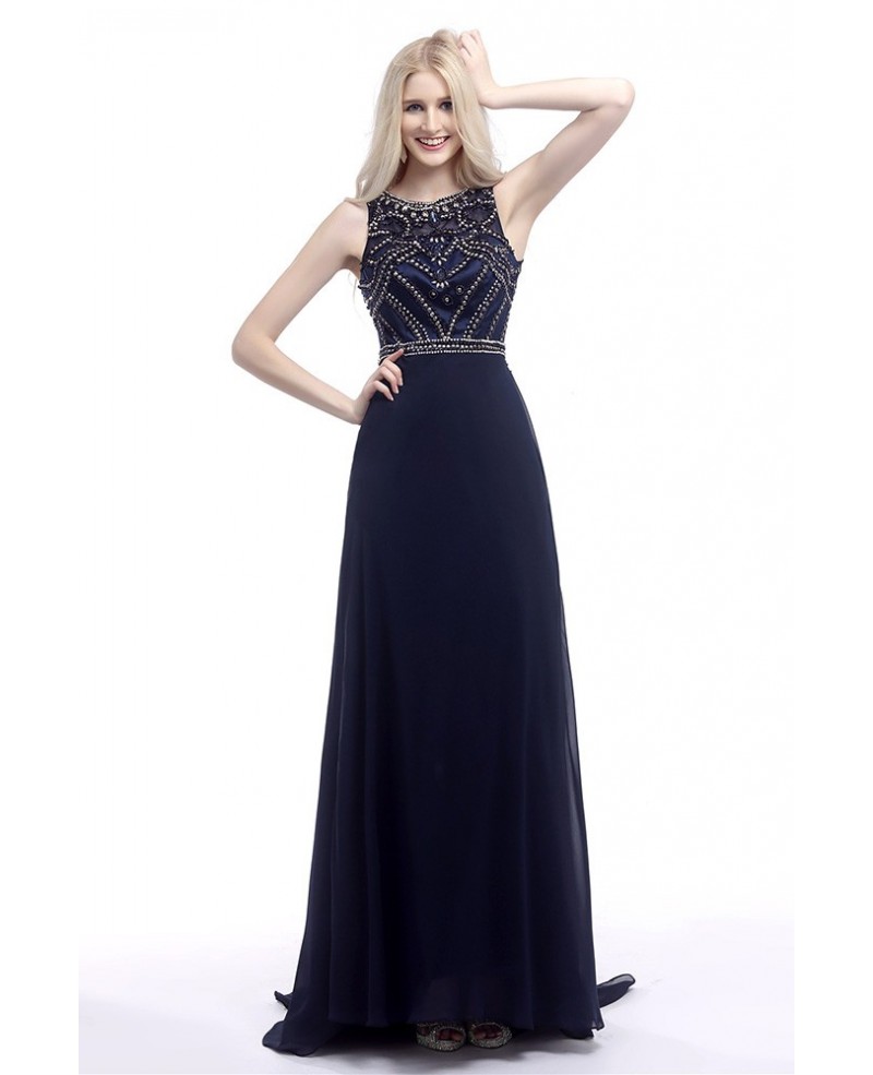 2018 Elegant Navy Blue Prom Dress Long With Glitter Crystals