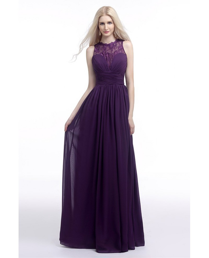Flowy Chiffon Purple Prom Dress Long With Lace Sheer Top 2018