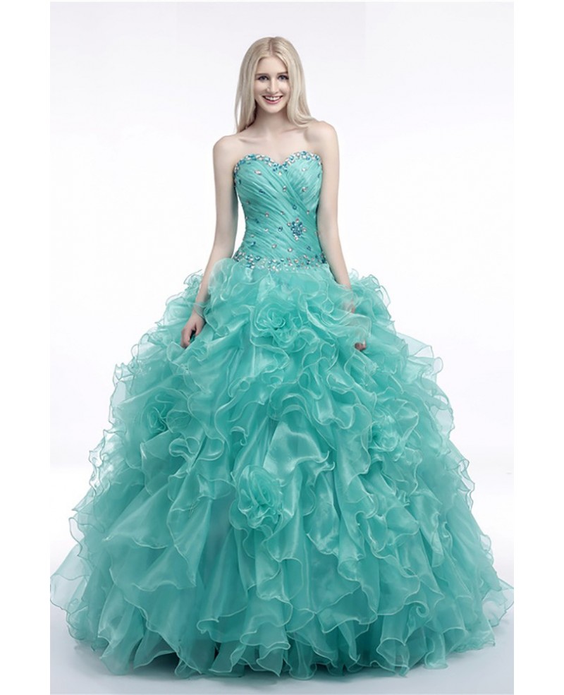 Turquoise Ball Gown Prom Dress With Cascading Ruffles For Juniors