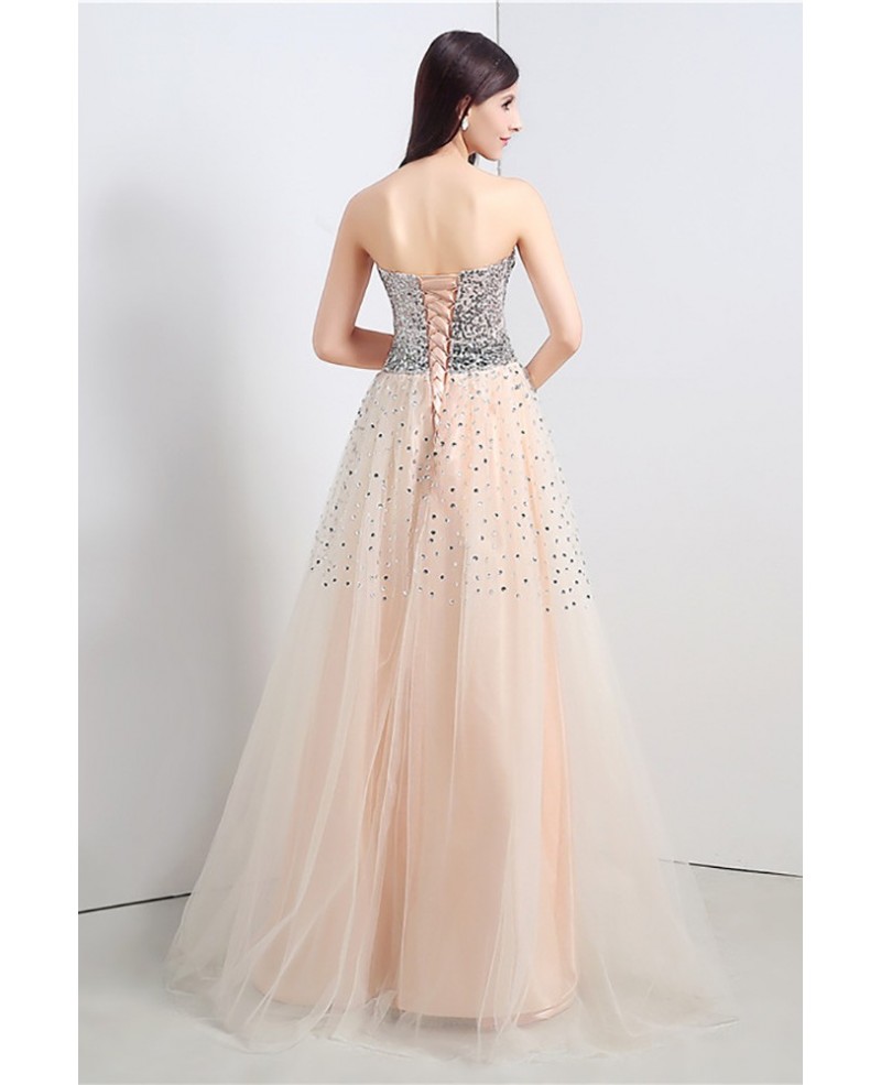 Strapless Long Bisque Prom Dress Corset Back With Shiny Sequins