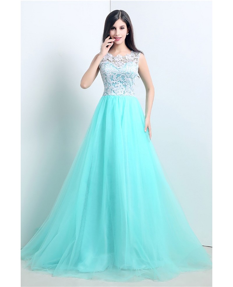 Graceful Ballroom Aqua Prom Dress Long With White Lace Bodice