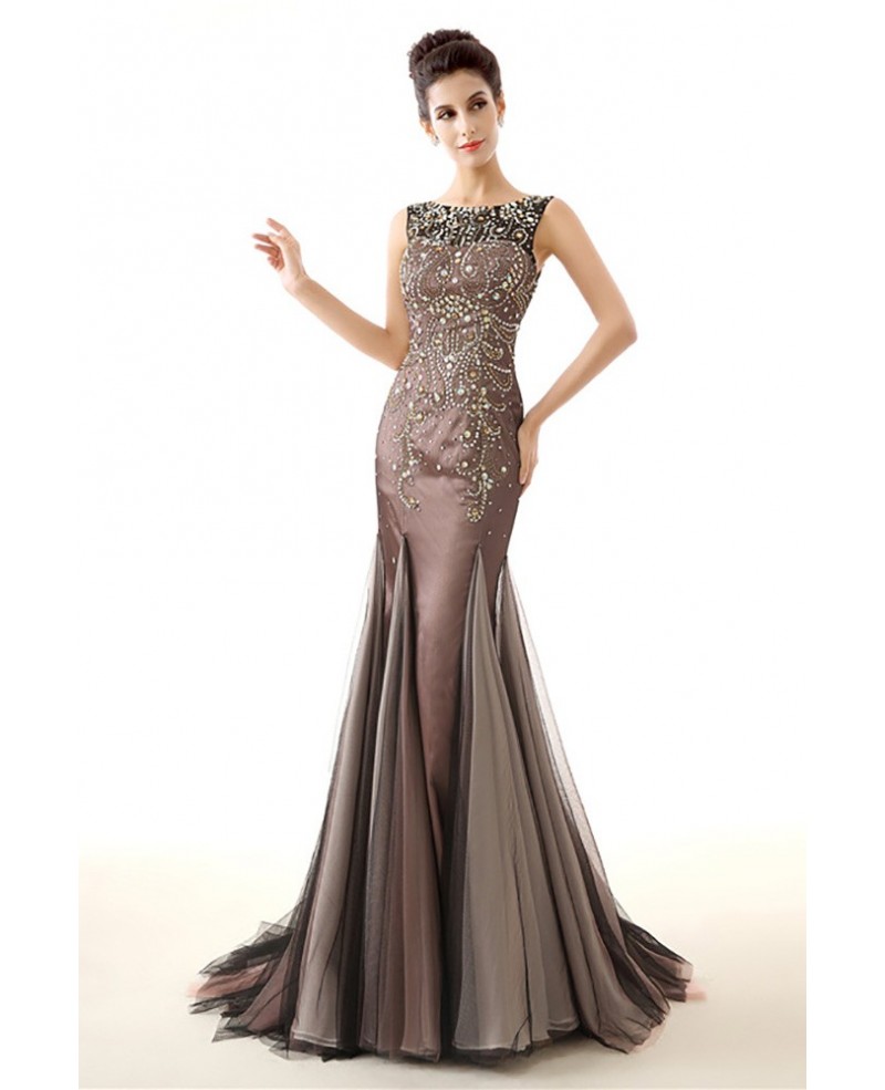 Unique Brown Fitted Prom Dress Sleeveness With Sparkly Beading - Click Image to Close