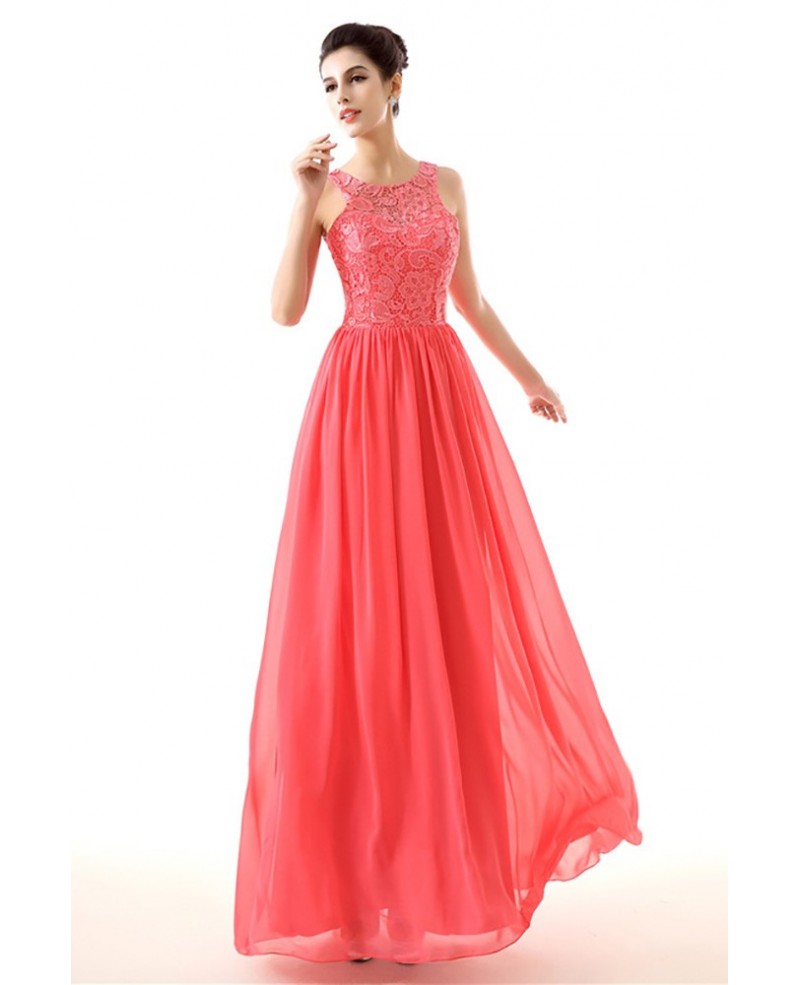 Flowing Chiffon A Line Formal Dress Watermelon With Lace Top - Click Image to Close