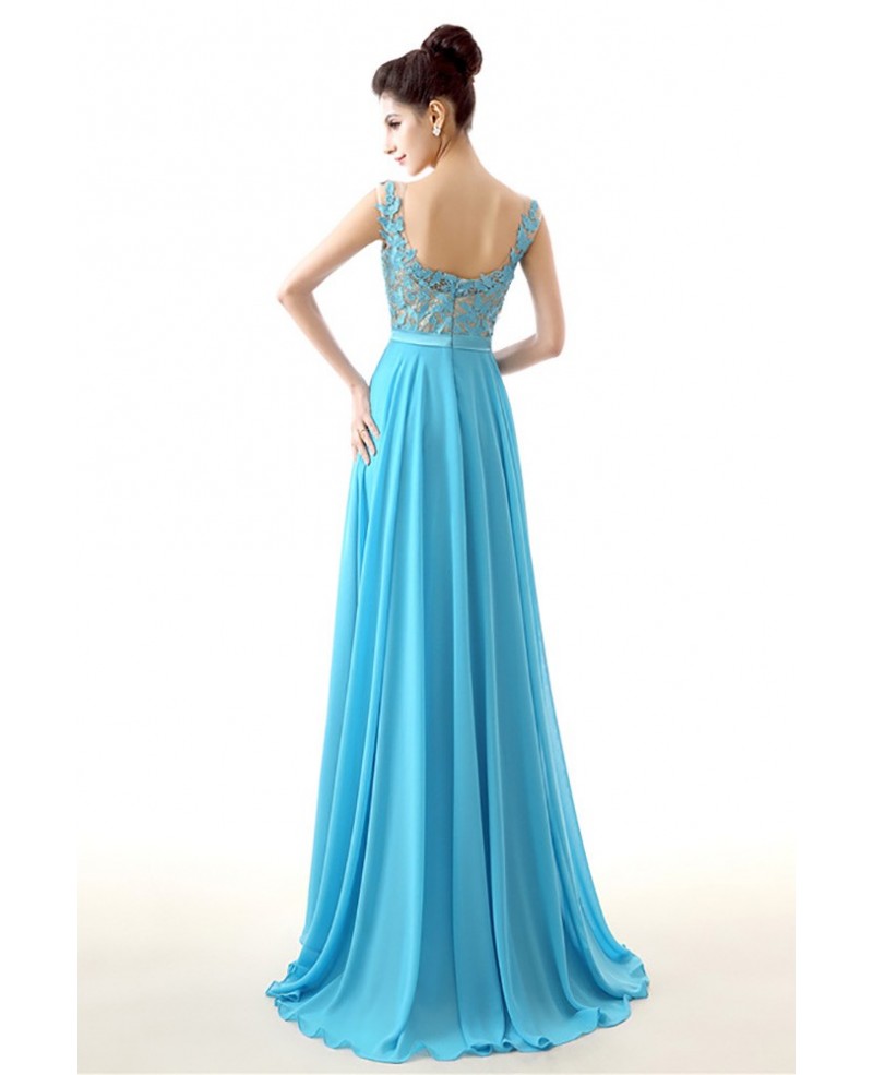 2018 Aqua Chiffon Prom Dress A Line Long With Lace Bodice