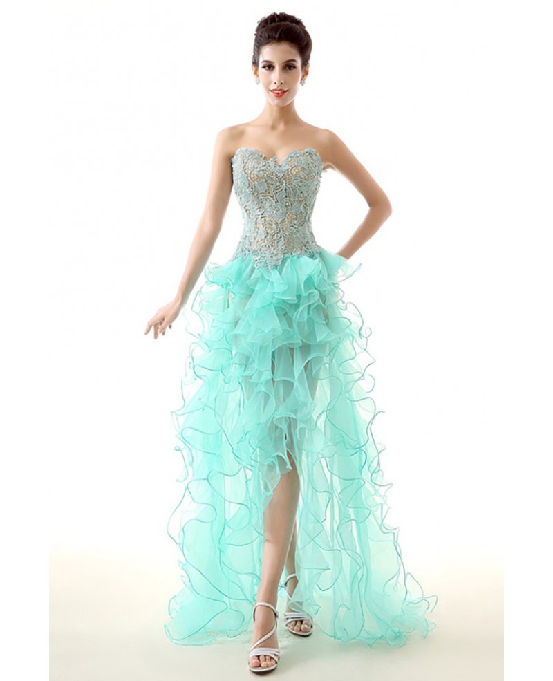 Unique High Low Ruffled Teal Prom Dress Sexy With Lace Bodice