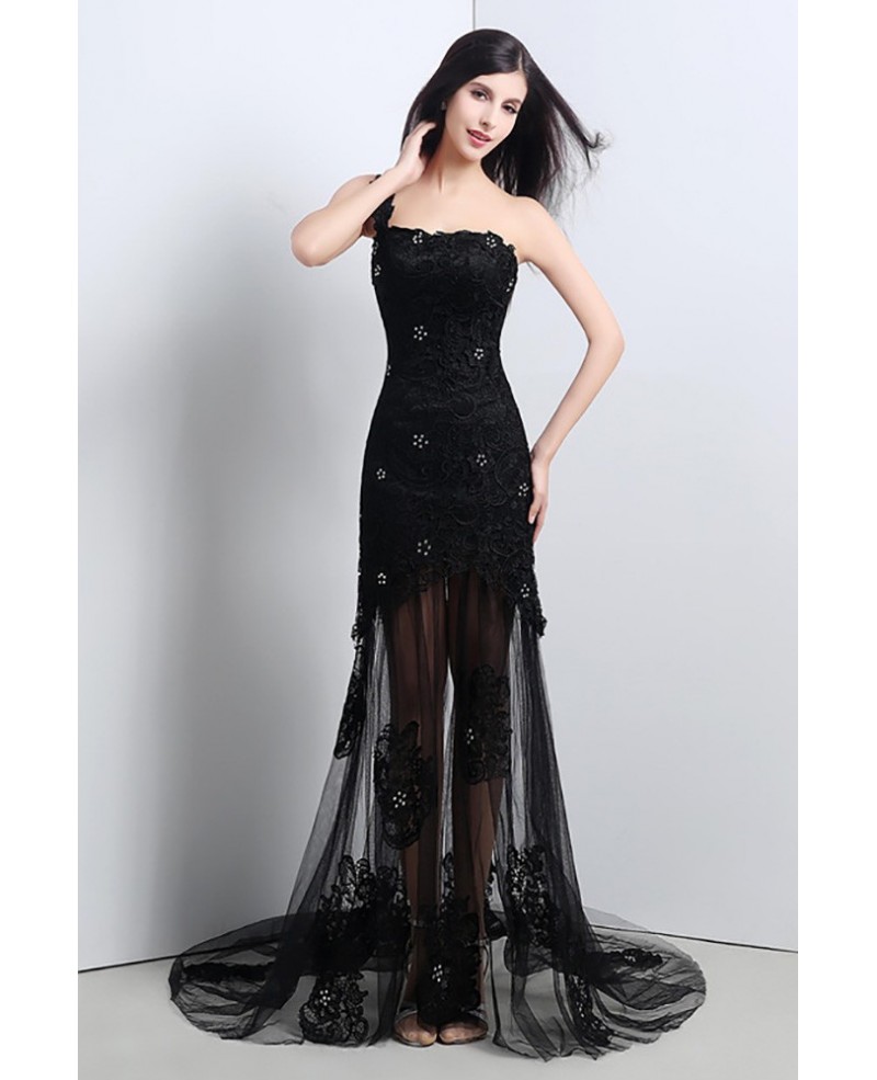 Sexy Black Sheer Tulle Lace Prom Dress With One Shoulder Strap - Click Image to Close