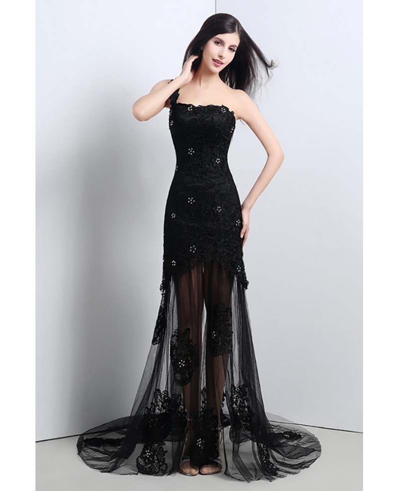 Sexy Black Sheer Tulle Lace Prom Dress With One Shoulder Strap