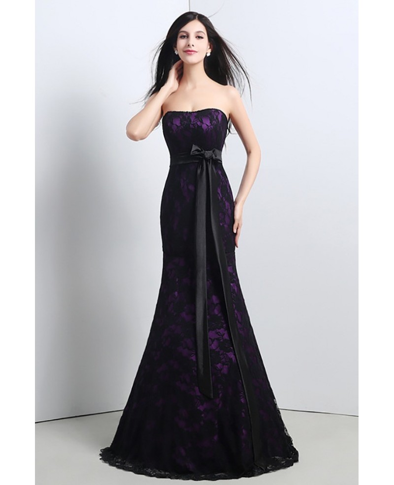 Strapless Trumpet Fitted Formal Dress All Lace Black And Purple - Click Image to Close