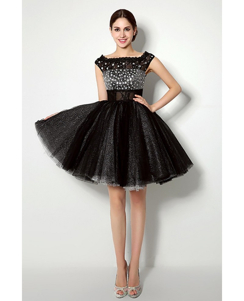 Cheap Sparkly Cocktail Black Homecoming Dress With Cap Straps