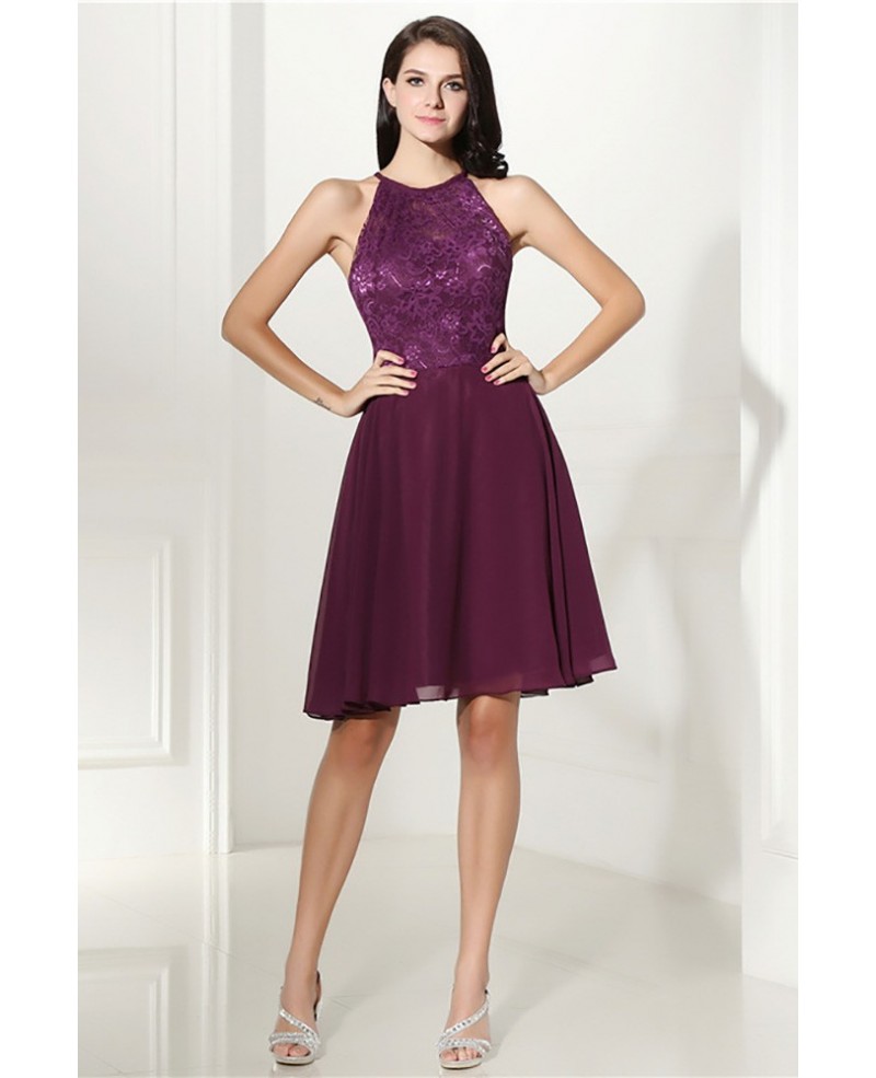 Cheap Purple Short Halter Prom Dress With Lace Bodice For Graduation - Click Image to Close