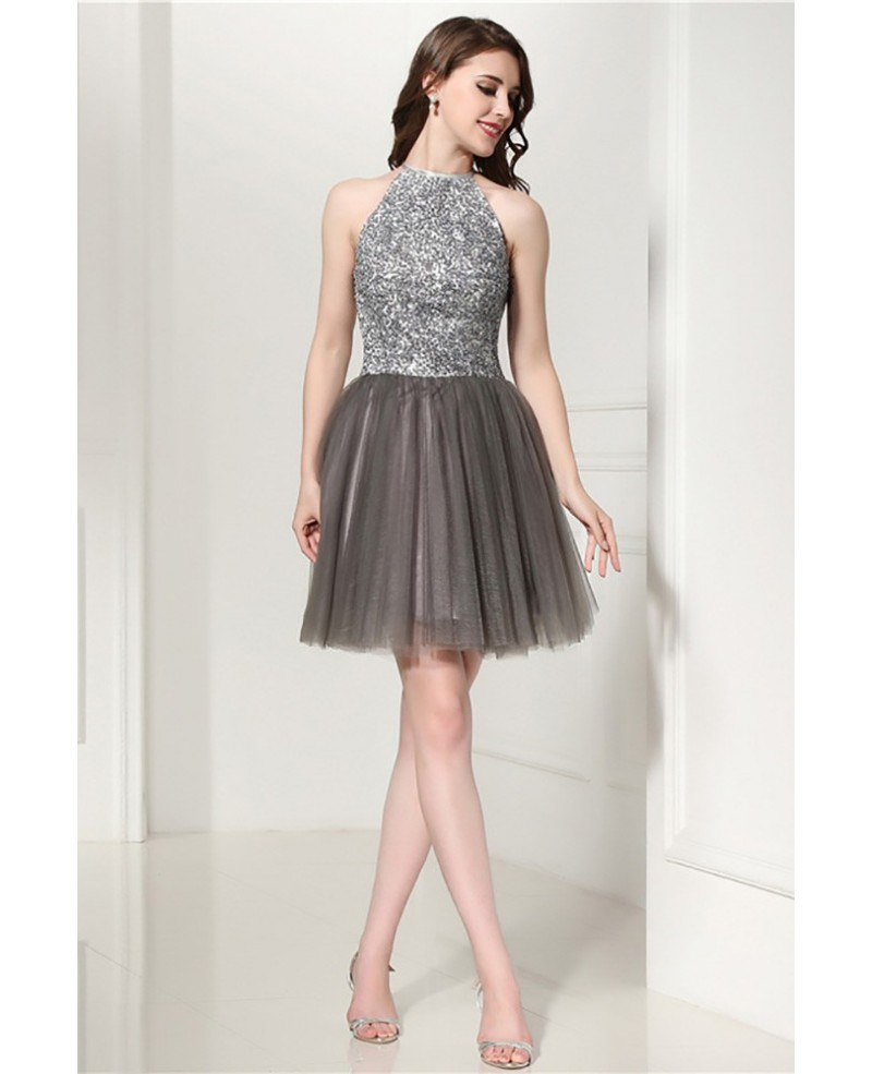 Grey Cocktail Halter Prom Dress With Beading Top For Homecoming - Click Image to Close